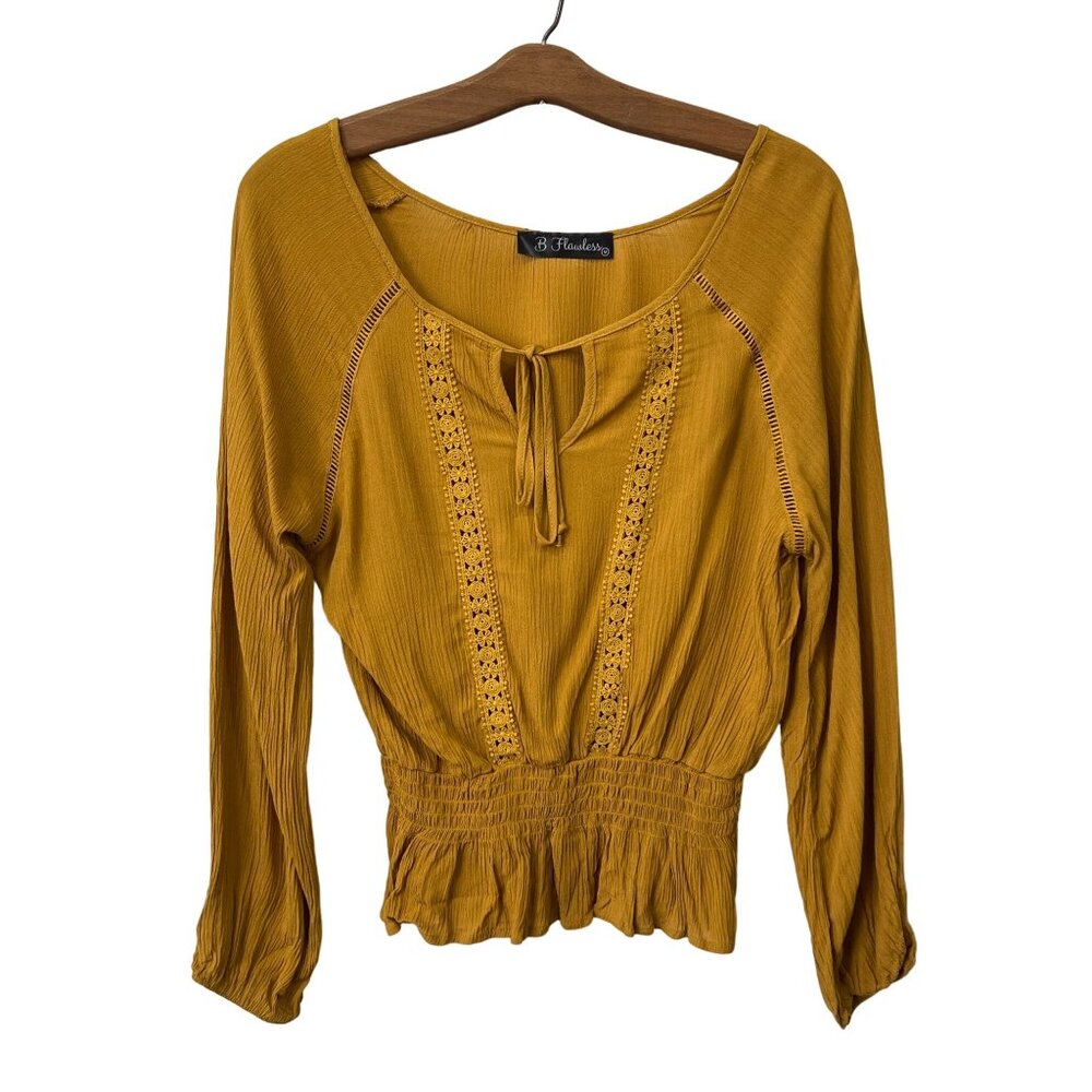 B Flawless Blouse Size Medium Crochet Smocked Mustard Yellow Crochet Long Sleeve